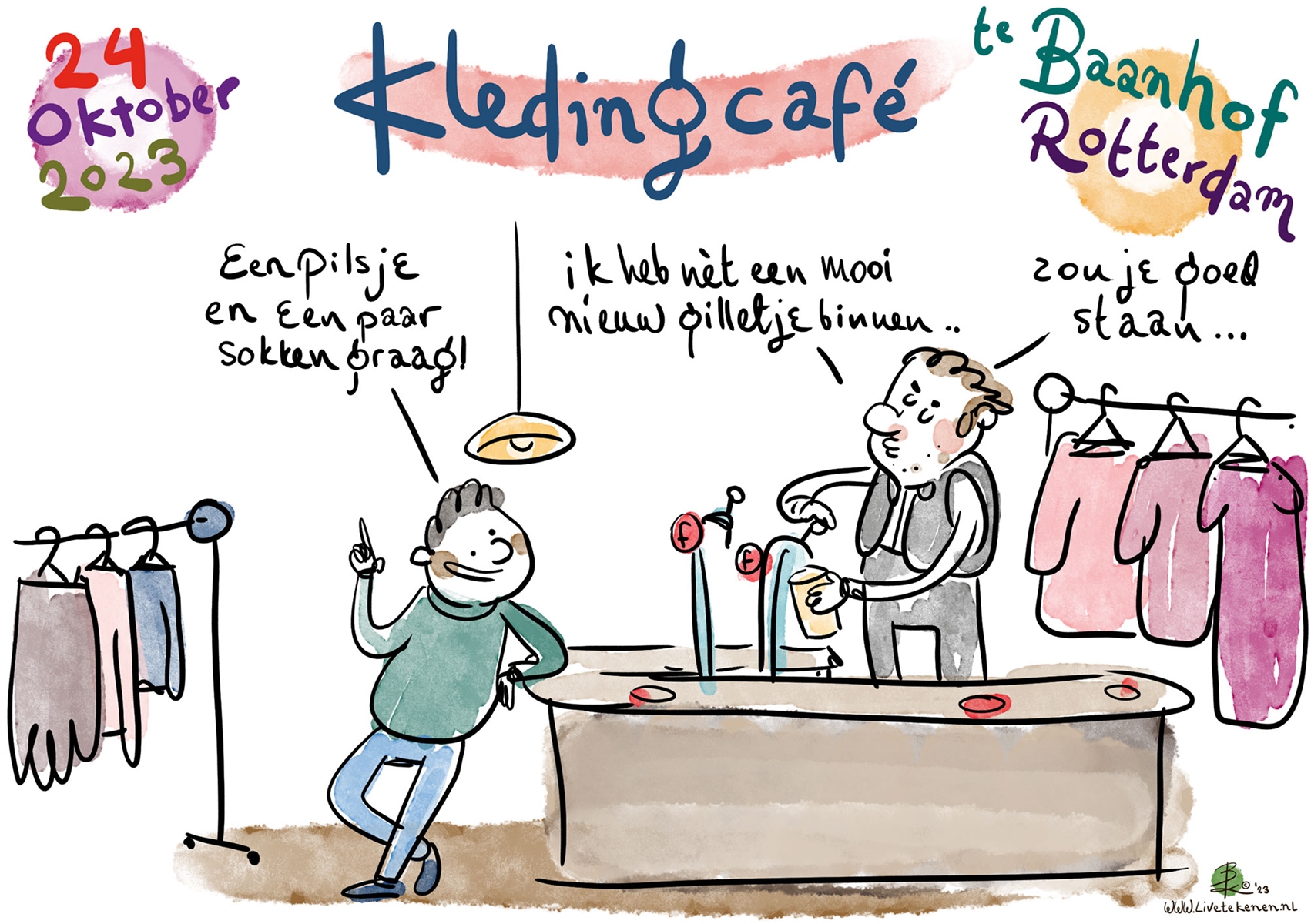 Cartoon 1: Cartoon met als titel kledingcafé te Baanhof Rotterdam op 24 oktober 2023